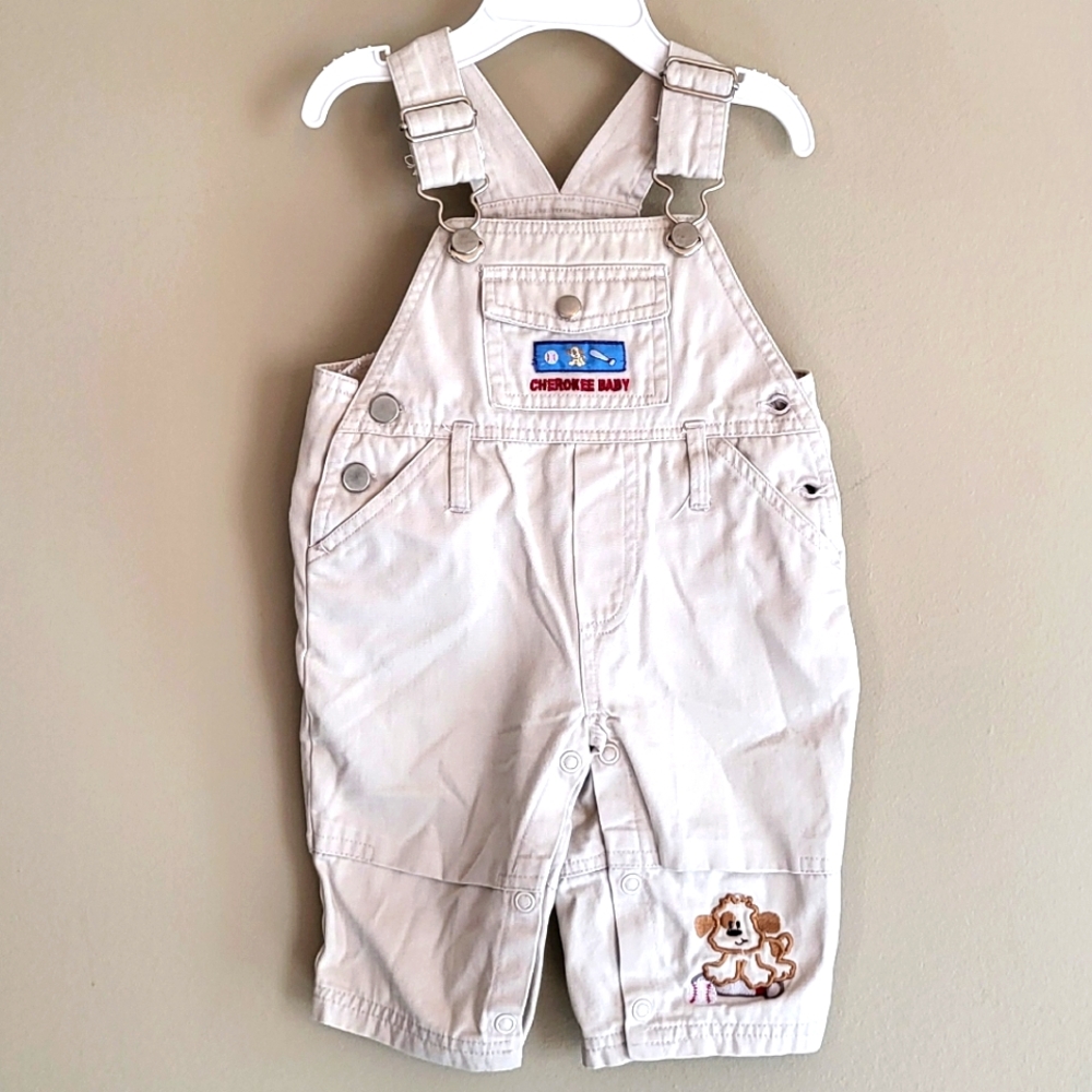 Cherokee Baby cream overalls with embrodiered puppy detail
